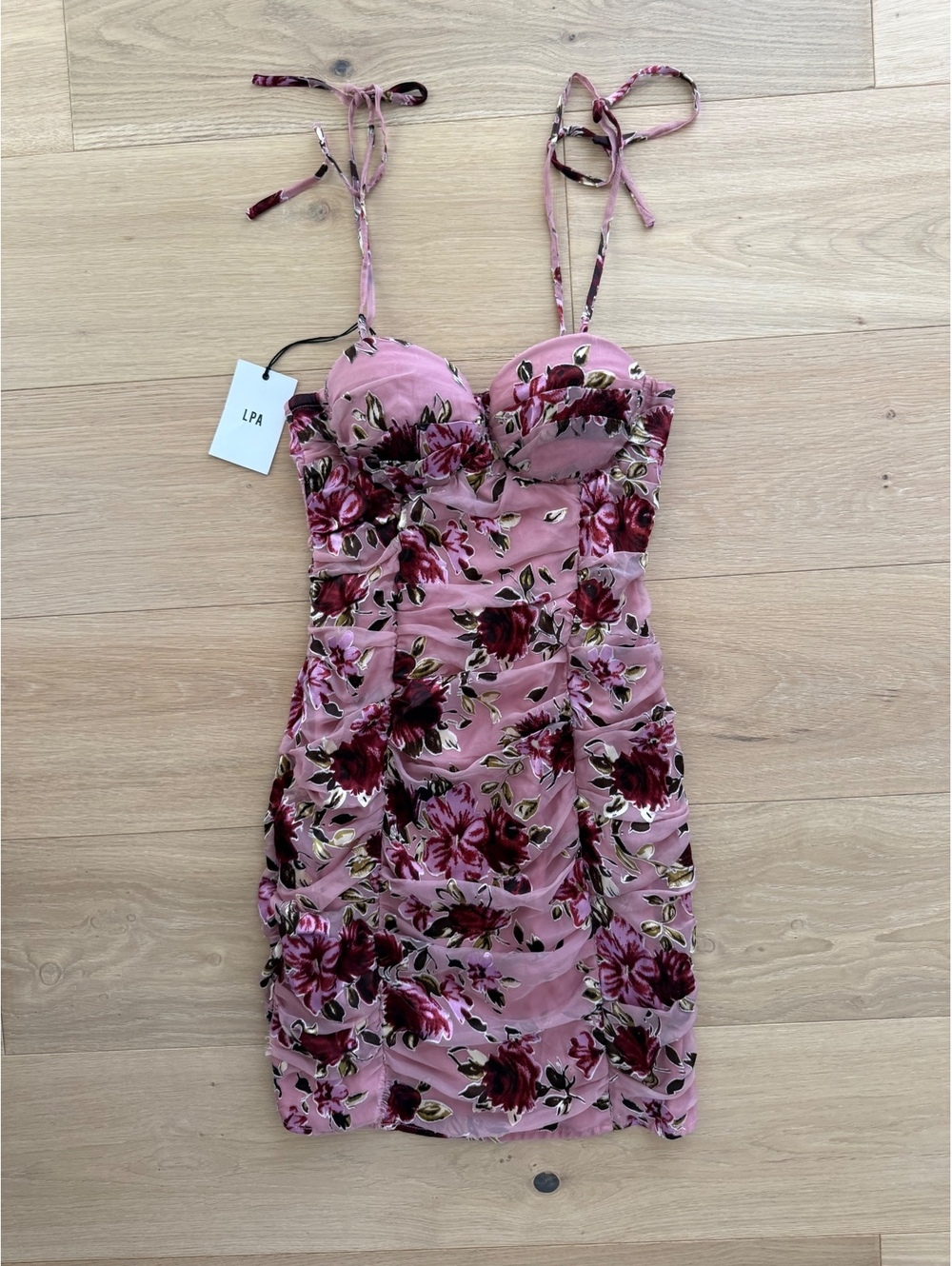 LPA Roses on Rose Ruched Floral Mini Dress Pink Size M NWT
